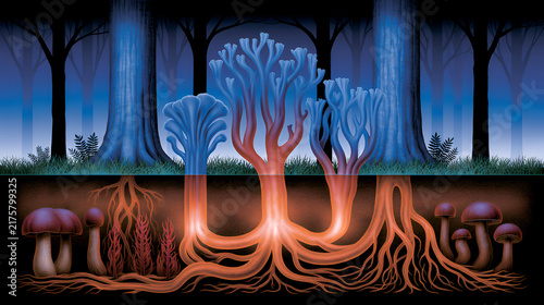 An abstract illustration depicts a dark forest scene with three glowing blue and orange trees connected by an extensive network of glowing orange fungal roots and mushrooms underground.