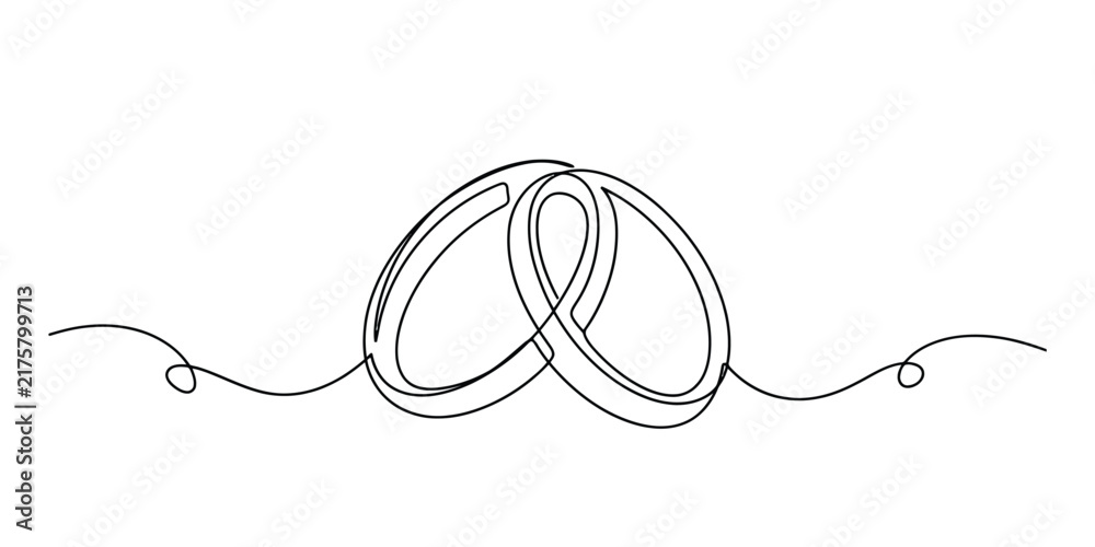 Obraz premium Two wedding rings drawn in a single continuous black line art style