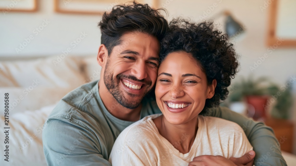 Obraz premium Happy multi ethnic couple embracing and smiling at home