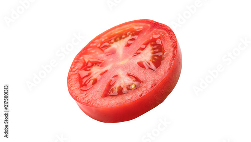 Fresh round slice of ripe red tomato isolated on transparent background for restaurant pizza sandwich ingredients.