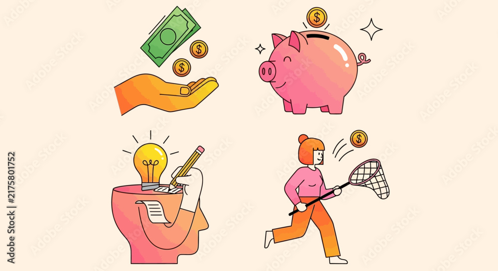 Fototapeta premium Flat vector financial icons set, personal finance and money management illustrations, creative business ideas and savings concepts