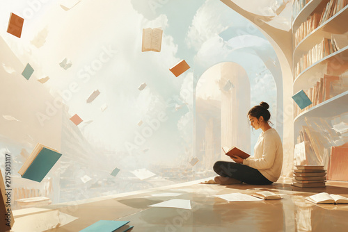 Dreamlike library floating books illustration