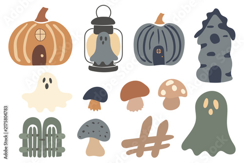 Cute Halloween Vector Clipart Set, Cozy Boho Spooky Elements with Pumpkin Houses, Ghosts, Mushrooms and Vintage Lantern for Autumn Holiday Design, Card Making, Scrapbooking, Sublimation Graphic