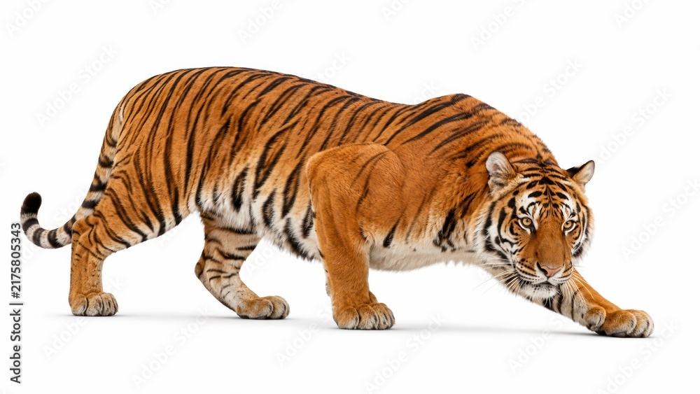 Obraz premium majestic Bengal tiger stretches forward, showcasing its powerful body and distinctive orange coat with black stripes on a white background.