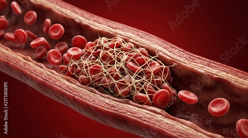 Medical illustration of a blood clot forming inside a human vein