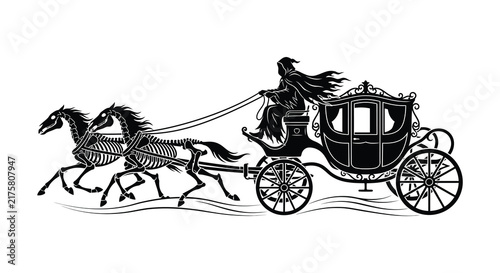 Quadro su tela Skeleton driver pulls ornate carriage in black silhouette illustration