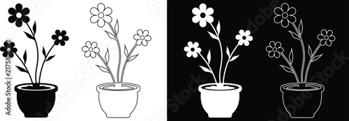 Potted blooming six petal daisy flowers with stems in a pot vector icon set featuring solid silhouettes, linear outlines, and inverted black and white variations.