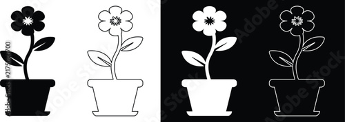 Potted blooming six petal flower in a rimmed flowerpot vector icon set featuring solid silhouettes, linear outlines, and inverted black and white variations.