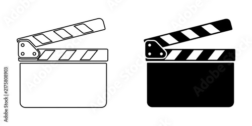 Two movie clapper boards in black and white on plain white background for film making and cinema production