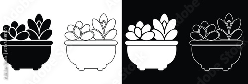 Potted succulent and echeveria plant arrangement in a bowl planter vector icon set featuring solid silhouettes, linear outlines, and inverted black and white variations.
