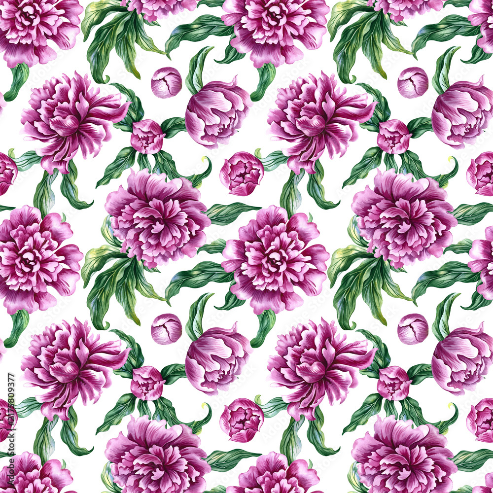 Fototapeta premium Seamless pattern with pink peonies. A hand drawn watercolor illustration. Ideal for textiles, tablecloths and curtains, wallpaper, covers, wrapping paper, prints, and much more.