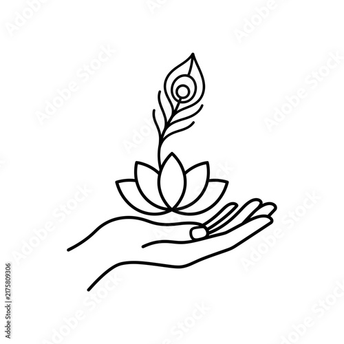 Vector line art illustration of hand holding lotus flower and peacock feather, isolated on white