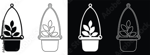 Hanging potted plant in a glass terrarium container vector icon set featuring solid silhouettes, linear outlines, and inverted black and white variations.