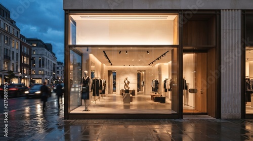 Modern luxury fashion retail store exterior with illuminated window display at twilight.