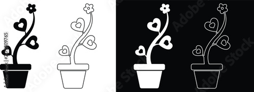 Potted heart shaped leaf plant with a small flower top in a flowerpot vector icon set featuring solid silhouettes, linear outlines, and inverted black and white variations.