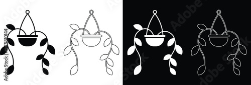 Hanging macrame planter trailing vine plant with cascading leafy stems vector icon set featuring solid silhouettes, linear outlines, and inverted black and white variations.