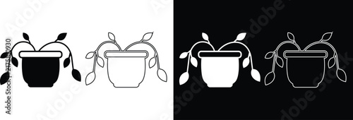 Wilted dying potted houseplant with drooping leaves in a flowerpot vector icon set featuring solid silhouettes, linear outlines, and inverted black and white variations.