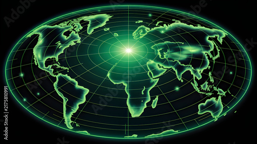 Futuristic digital world map glowing in green matrix style