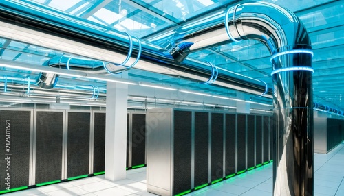Server room with cooling pipes in a modern data center