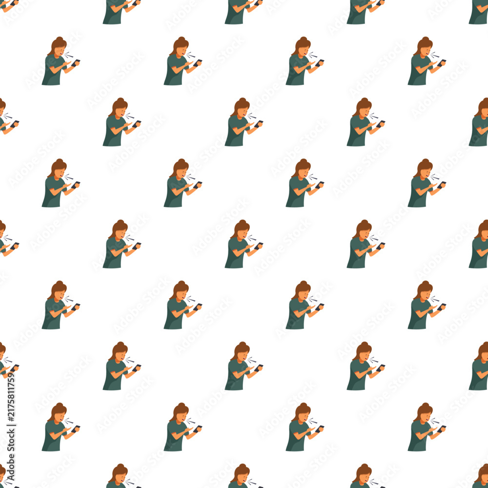 Fototapeta premium Frustrated woman expressing anger while talking on a mobile phone, creating a repeating background illustration
