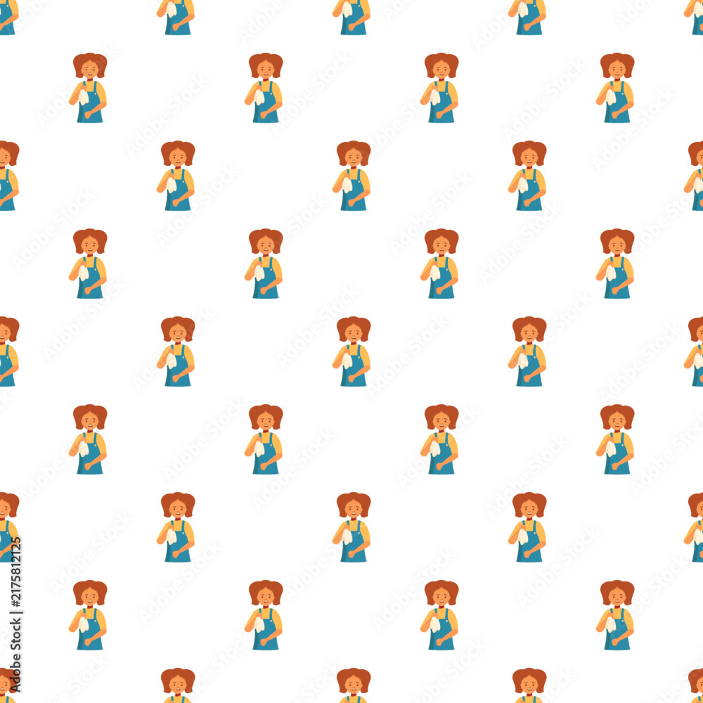 Fototapeta premium Cartoon girl wearing an apron and holding a rag for cleaning, creating a repeating pattern