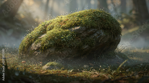 Moss covered rock sits in a misty sunlit forest glade
