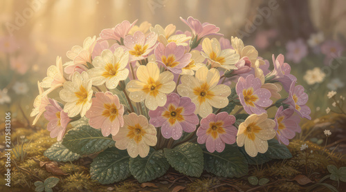 Primrose flowers blooming with morning dew in soft sunlight