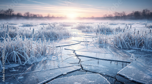 Frozen wetland with cracked ice and frosted reeds at sunrise