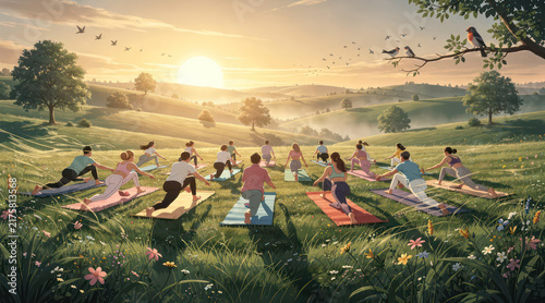 People practicing yoga on a grassy hill during sunrise