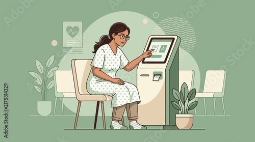 Woman Interacting with Healthcare Kiosk
