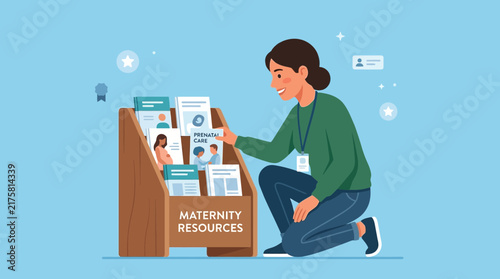 Woman Interacting with Maternity Resources Display