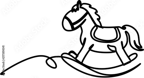 Continuous line drawing of a wooden rocking horse toy, minimalist nursery decor vector lineart