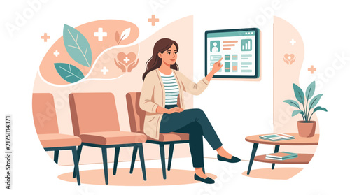 Woman Interacting with Medical Interface in Waiting Room