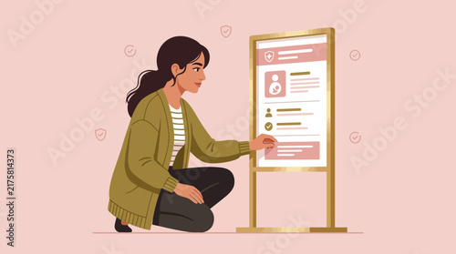 Woman Interacting with Medical Information Board, Digital Health Record Concept