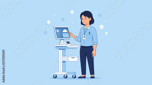 Woman Interacting with Medical Monitor on Cart, Isolated