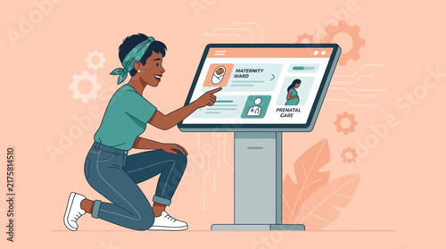 Woman interacts with digital health kiosk, pregnancy care information.