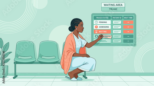 Woman interacting with triage screen in hospital waiting area