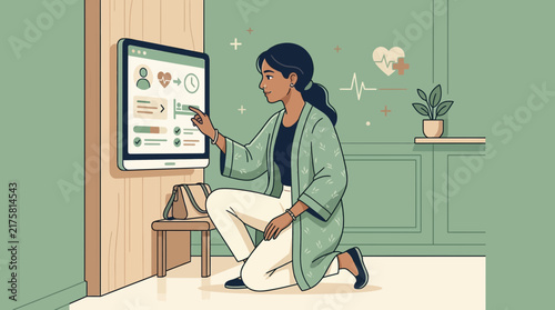 Woman interacts with futuristic medical interface on touchscreen, health icons