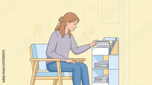 Woman organizing files in a modern office, isolated on transparent background