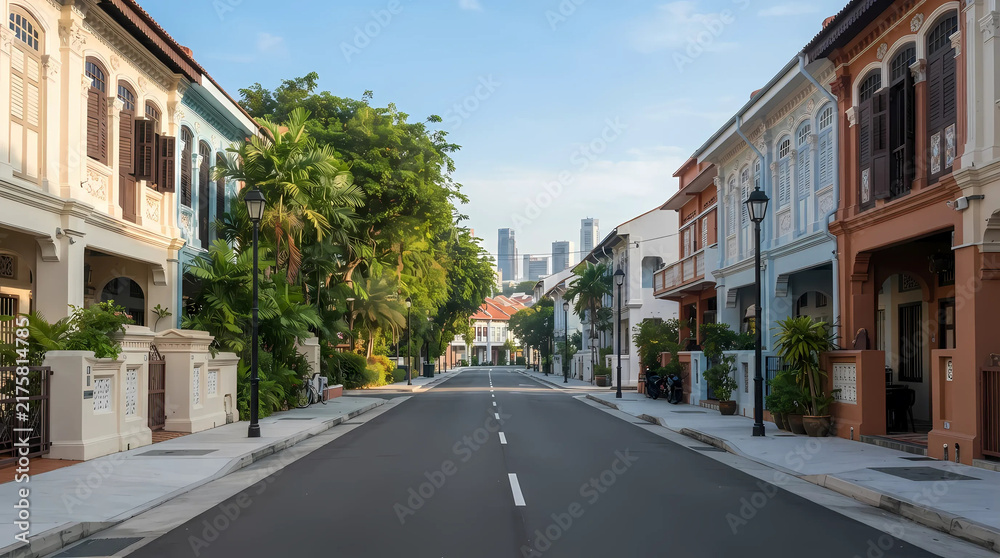 Fototapeta premium Traditional colorful shophouses on a Singapore street with modern skyline