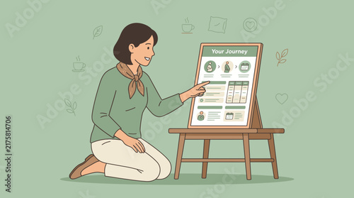 Woman pointing at a journey plan board with icons, illustration