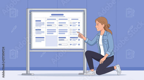 Woman pointing at presentation board, planning and strategy concept