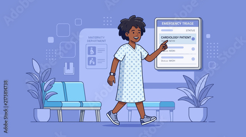Woman in hospital gown pointing at cardiology patient screen