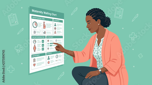 Woman Pointing at Maternity Waiting Chart on Transparent Background