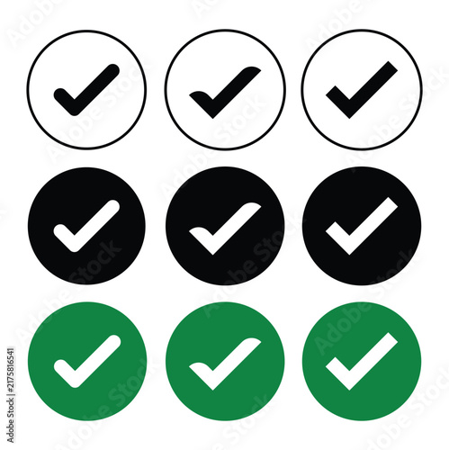 Check mark icon set, green and black tick mark button collection for approved ok symbol vector