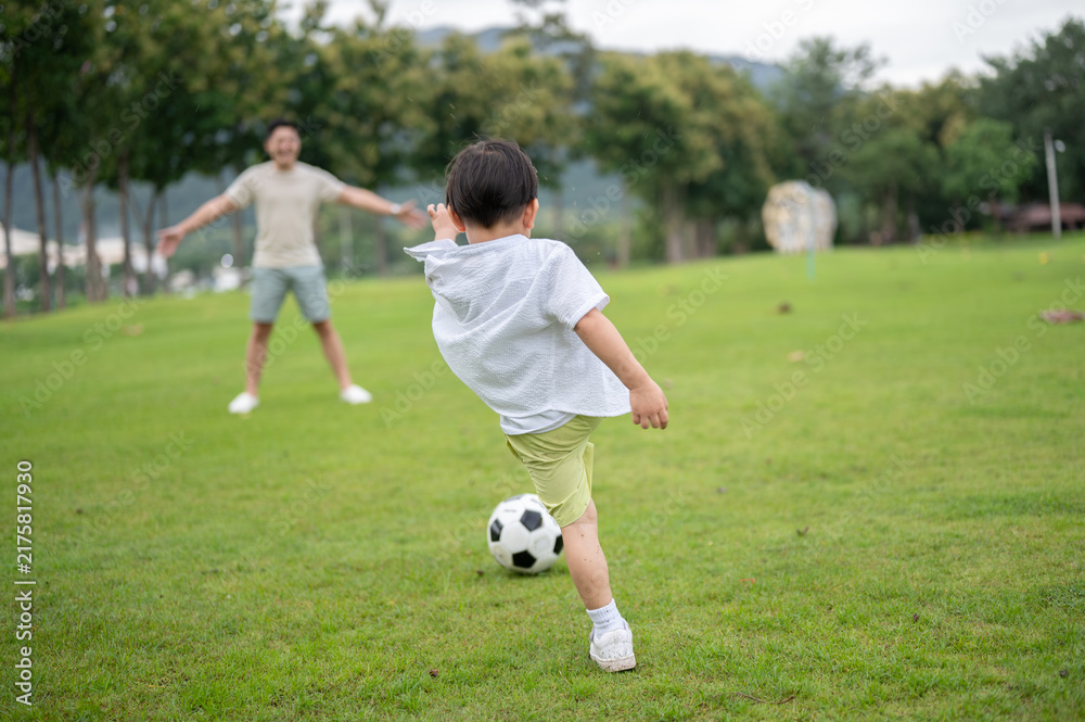 Obraz premium Back view of a young kid son playing soccer or football with his father on grass field in the park.
