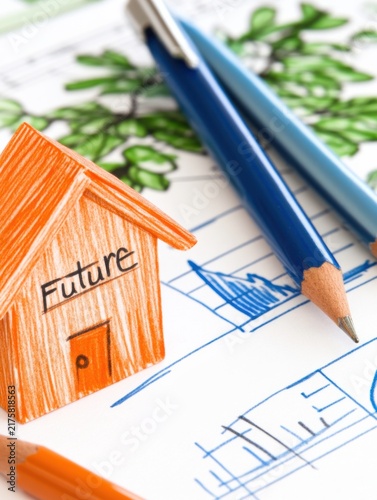 A small wooden house labeled 