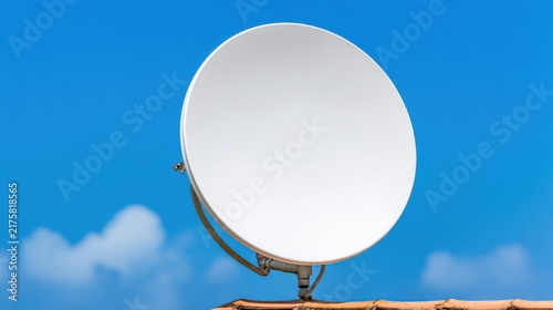 A white satellite dish mounted on a rooftop against a clear blue sky with a few clouds.