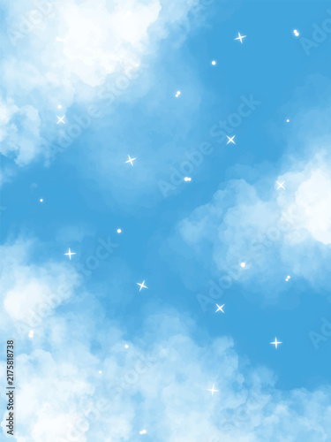Dreamy blue sky with soft white clouds sparkle stars background digital vector illustration
