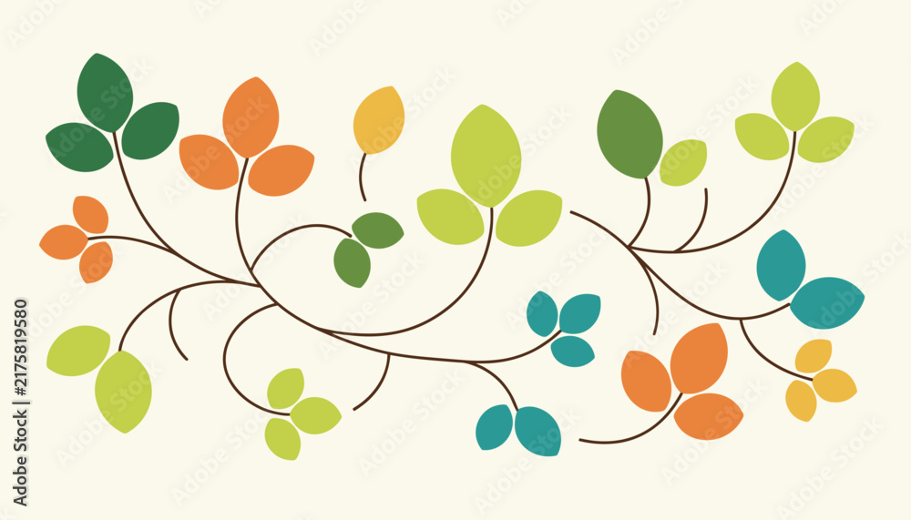 Obraz premium Whimsical illustration of elegant curly branches decorated with colorful autumn leaves on a soft beige background.